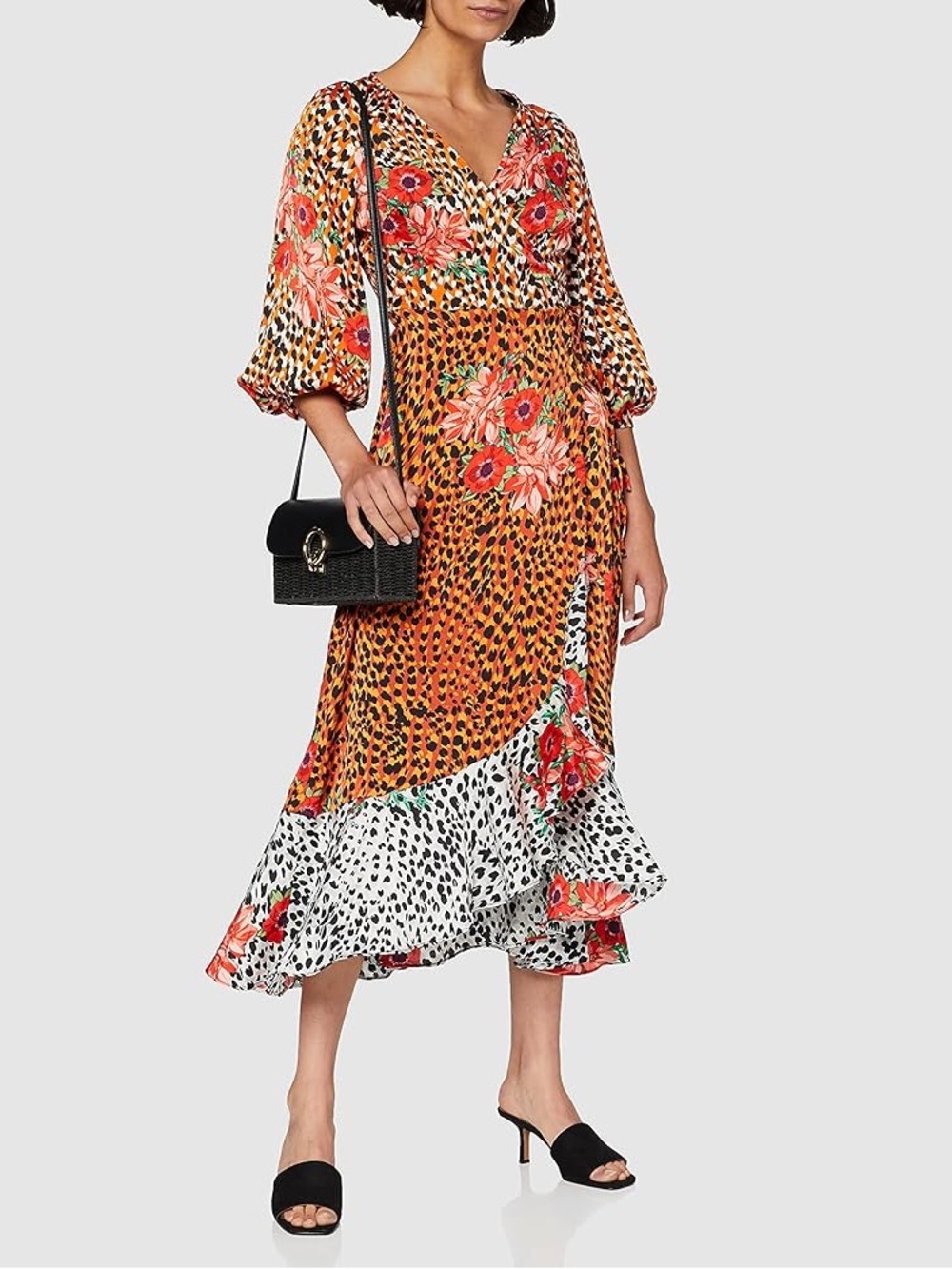 ASOS | Liqourish | Floral & Animal Print Midi Dress in Orange and White